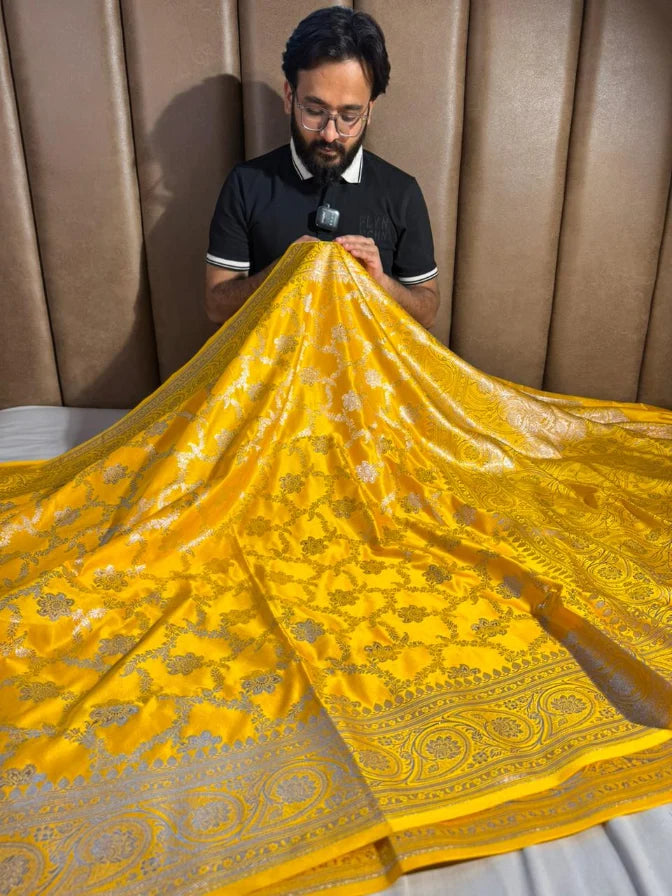 Bright Yellow Satin Silk Heritage Banarasi Saree