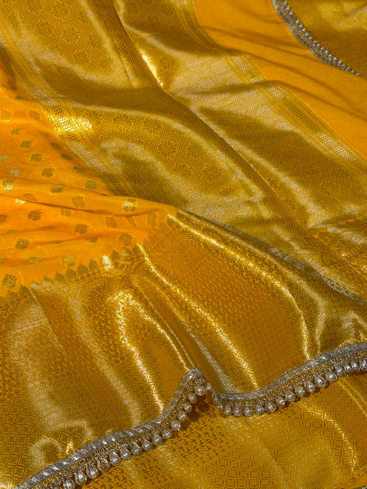 Bright Yellow Soft Chinia Silk Lace Work Saree