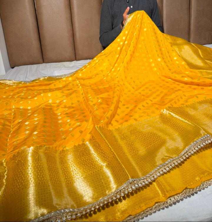 Bright Yellow Soft Chinia Silk Lace Work Saree