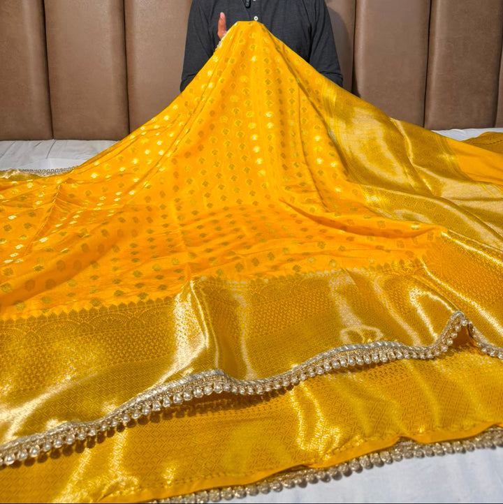 Bright Yellow Soft Chinia Silk Lace Work Saree