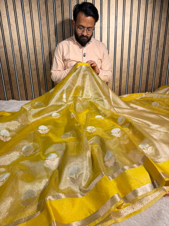 Bright Yellow Soft Tissue Silk Heritage Banarasi Saree