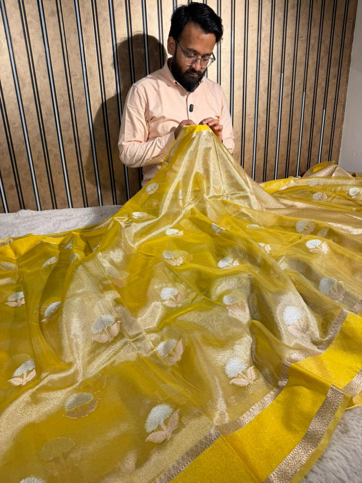 Bright Yellow Soft Tissue Silk Heritage Banarasi Saree