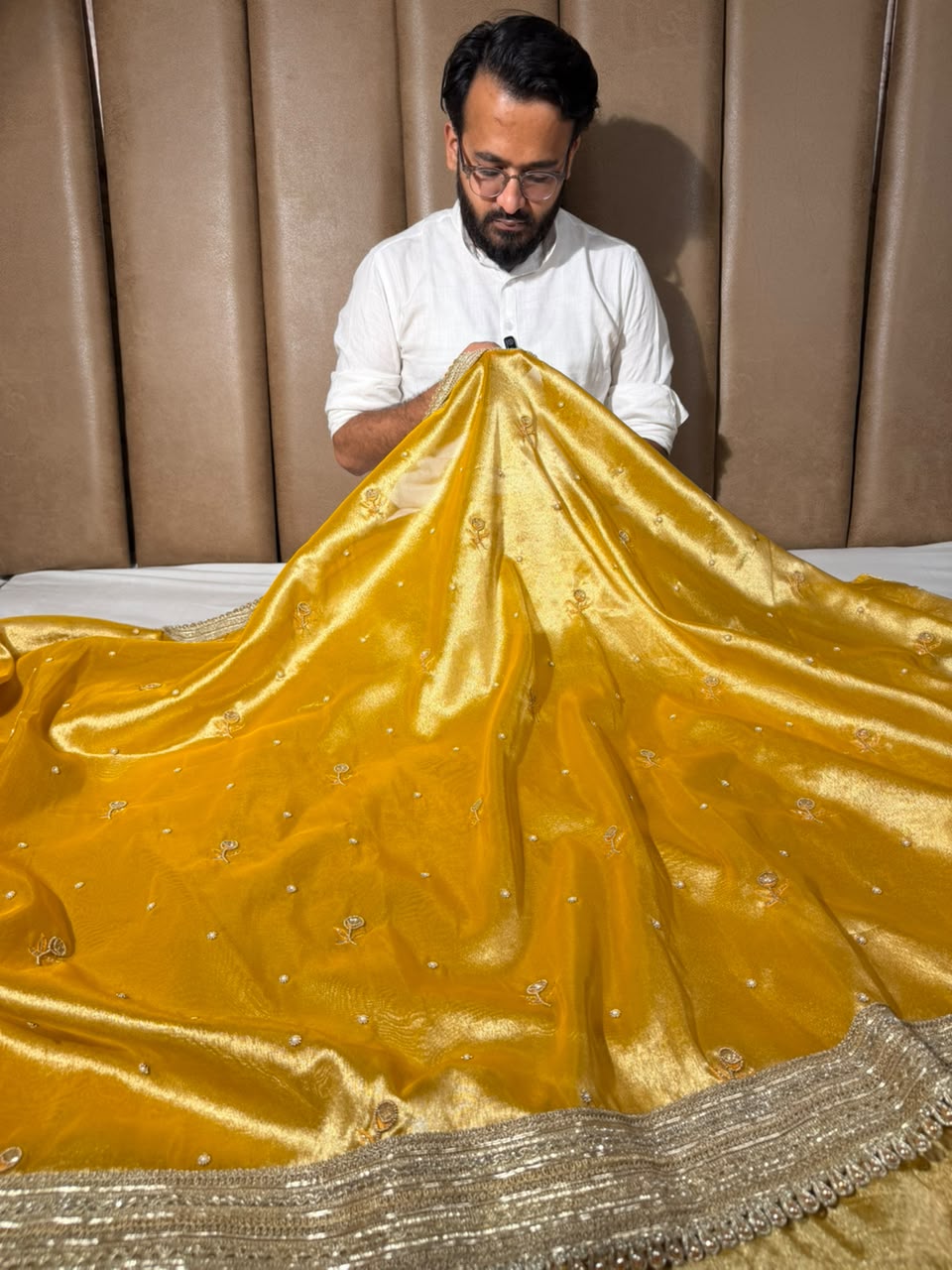 Bright Yellow Tissue Silk Premium Handwork Saree