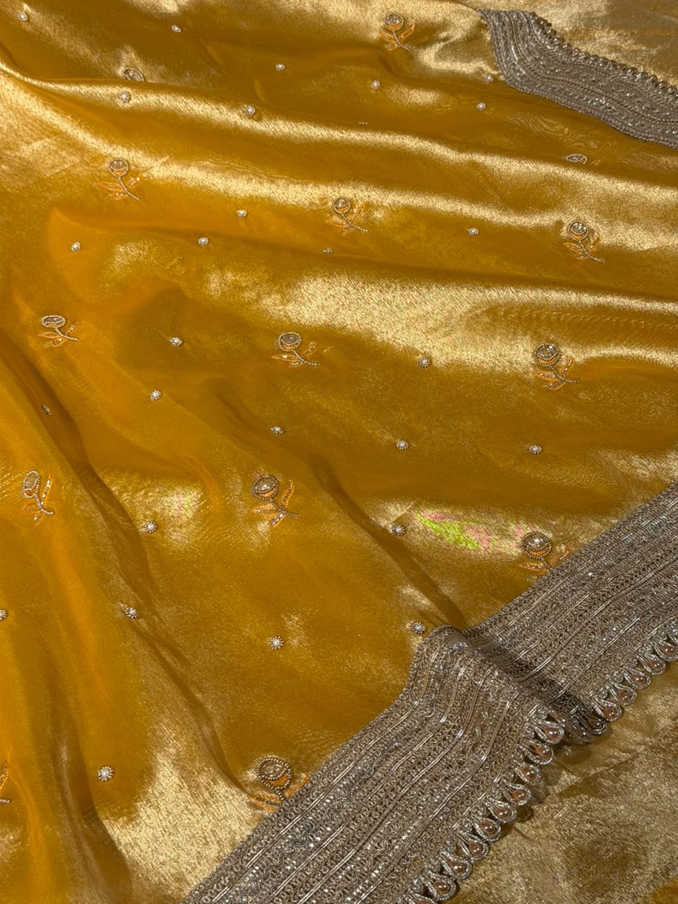 Bright Yellow Tissue Silk Premium Handwork Saree