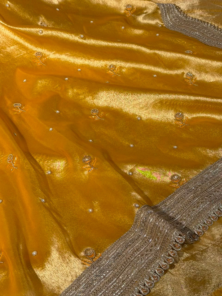 Bright Yellow Tissue Silk Premium Handwork Saree
