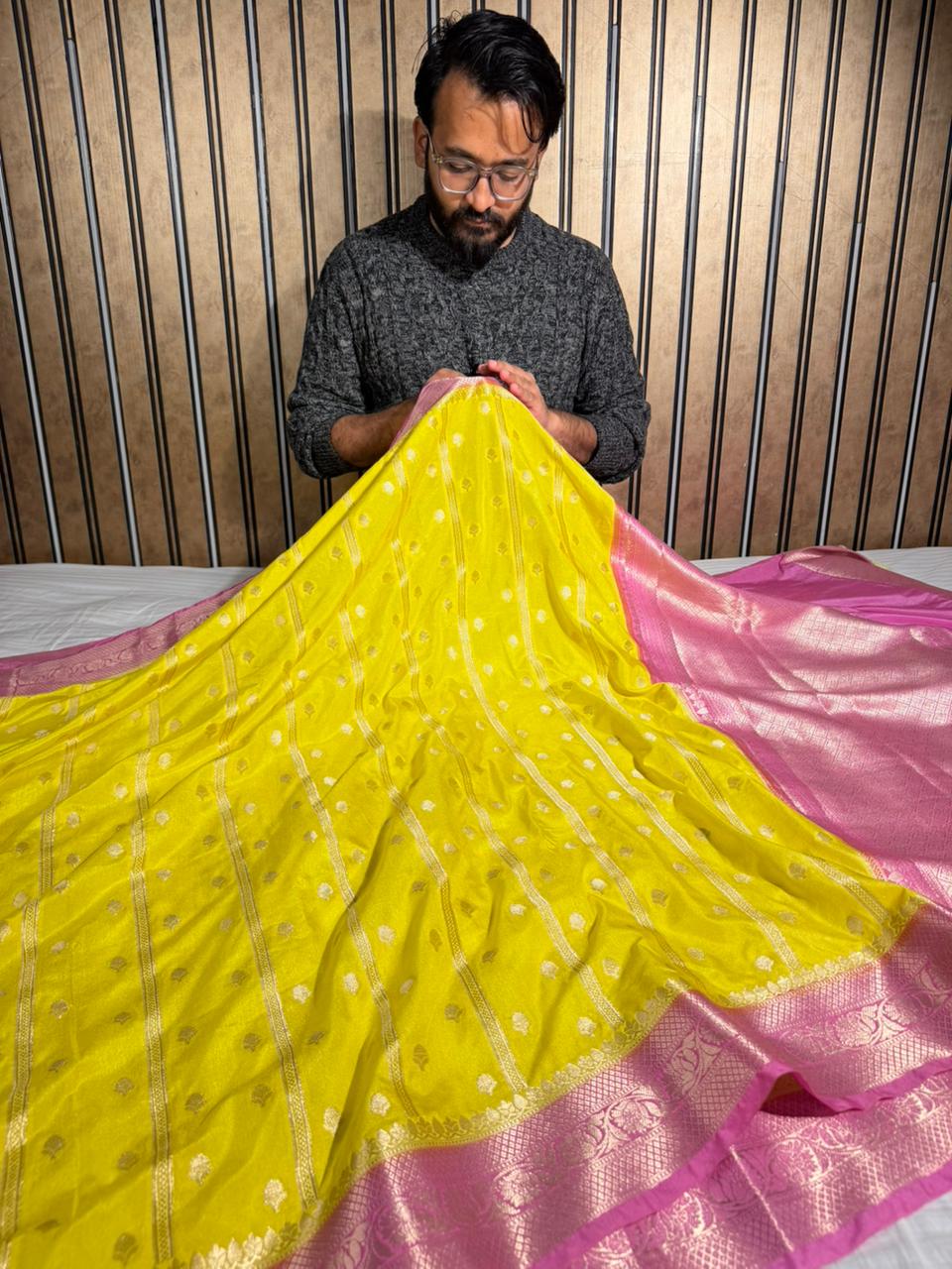 Bright Yellow with Contrast Rani Borders Chinia Silk Banarasi Saree