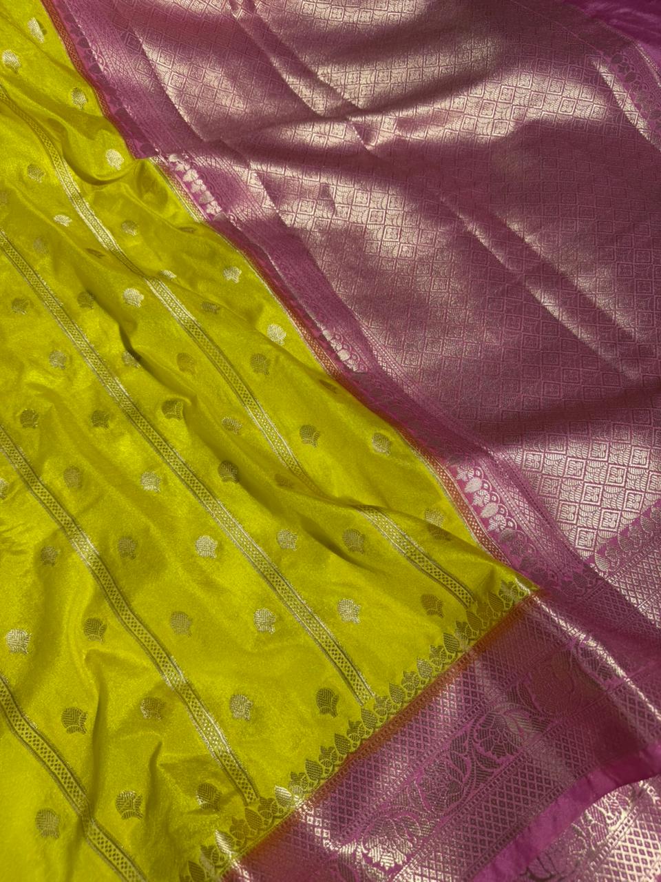 Bright Yellow with Contrast Rani Borders Chinia Silk Banarasi Saree
