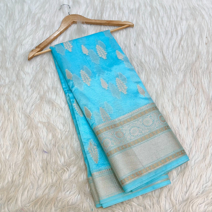 Bright Neon Blue Chinia Silk Banarasi Saree