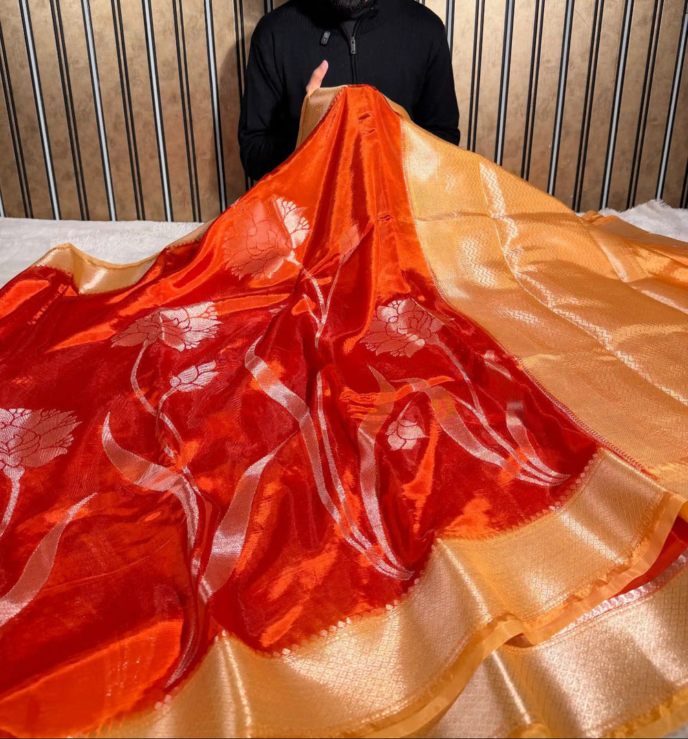 Bright Orange Chinia Silk Heritage Weave Banarasi Saree
