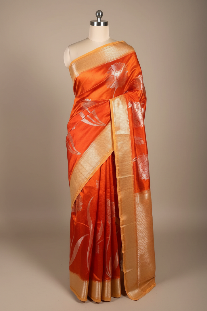 Bright Orange Chinia Silk Heritage Weave Banarasi Saree