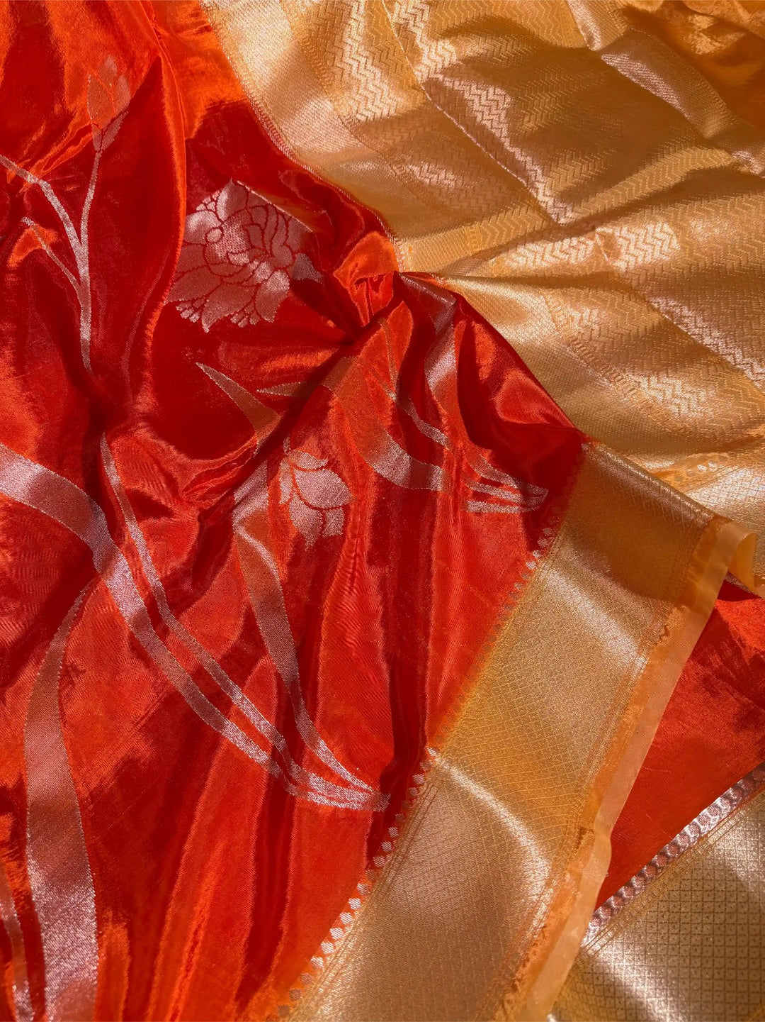 Bright Orange Chinia Silk Heritage Weave Banarasi Saree
