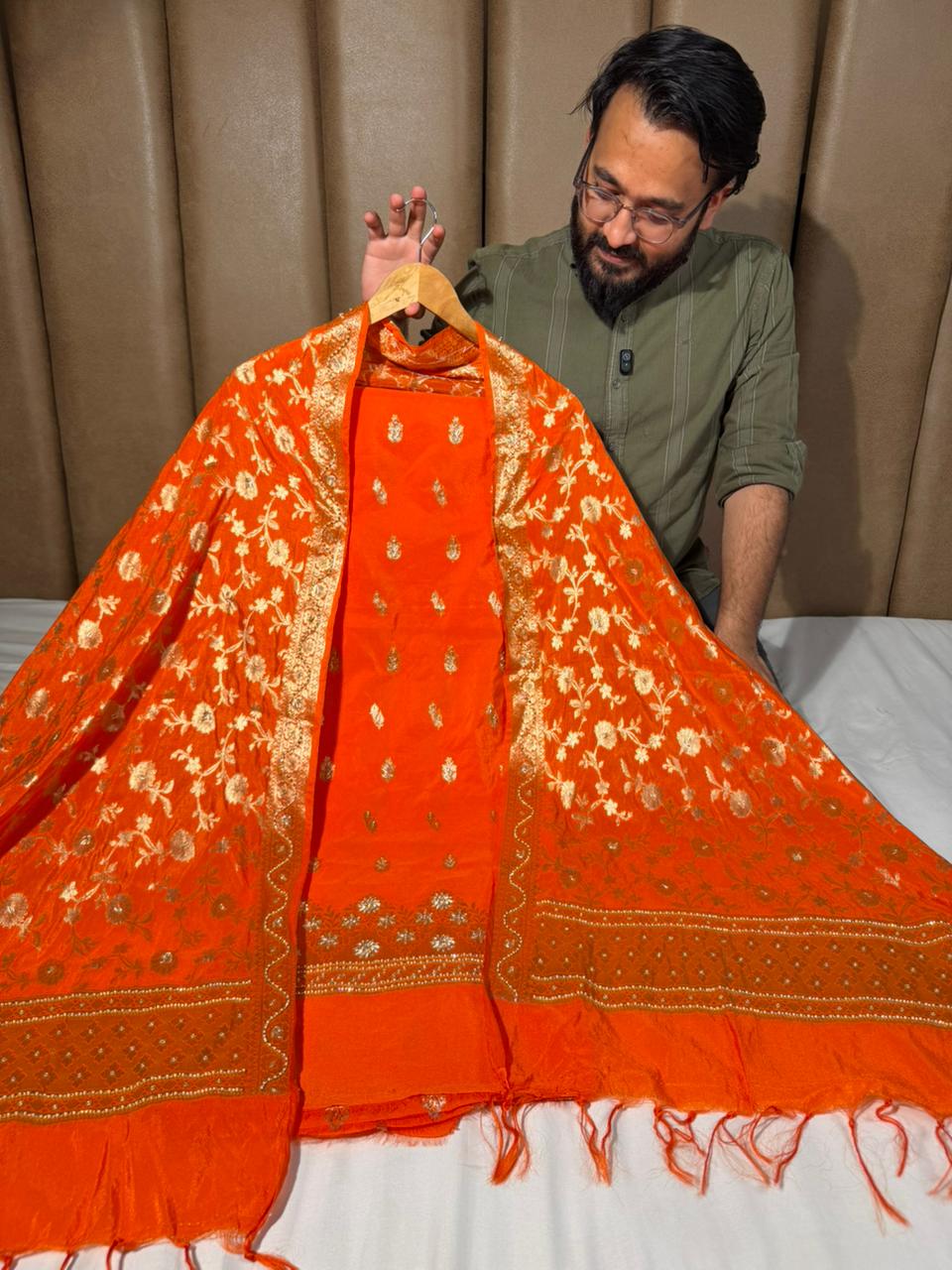 Bright Orange Chinia Silk Premium Handwork Suit