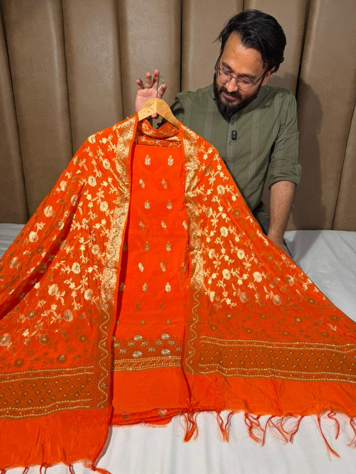 Bright Orange Chinia Silk Premium Handwork Suit