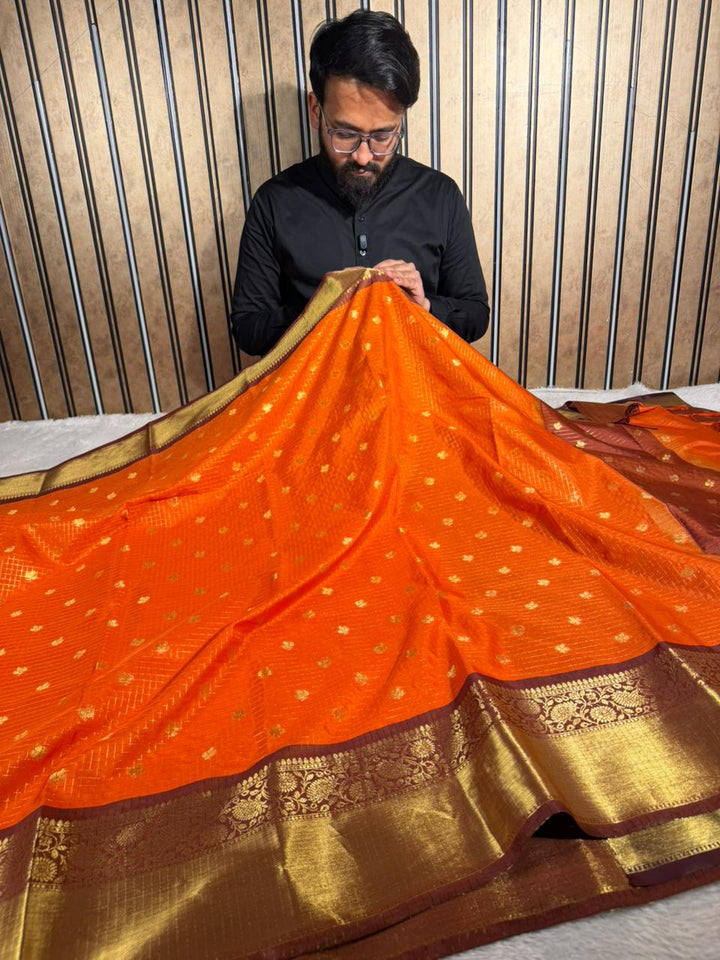 Bright Orange Kanchi Silk Maheshwari Checks Banarasi Saree