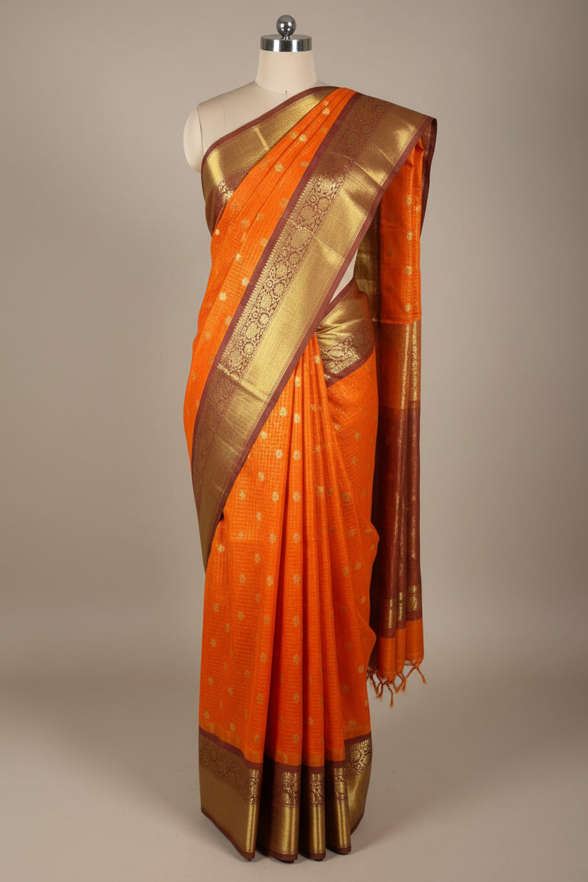 Bright_Orange_Kanchi_Silk_Maheshwari_Checks_Banarasi_Saree