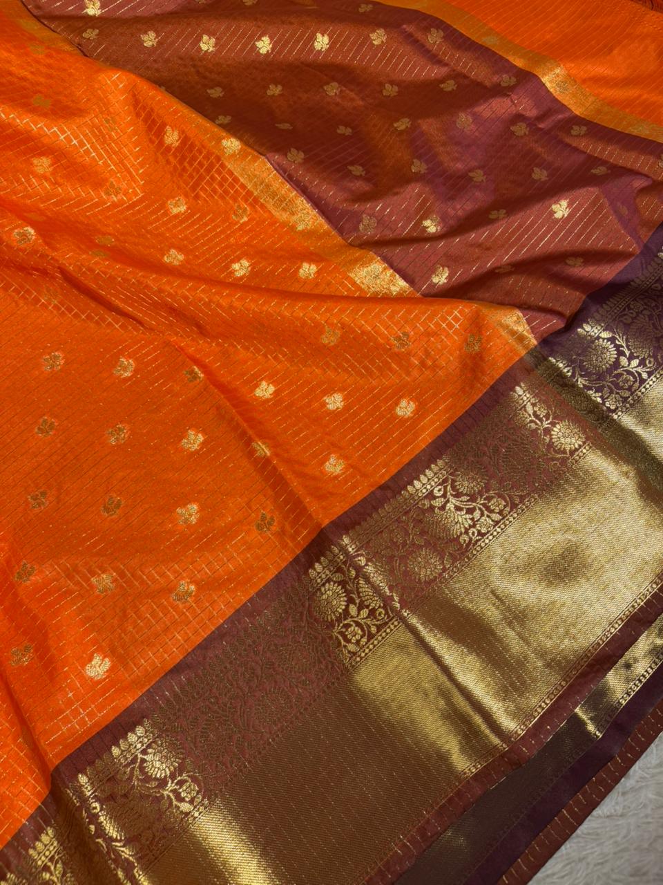 Bright Orange Kanchi Silk Maheshwari Checks Banarasi Saree