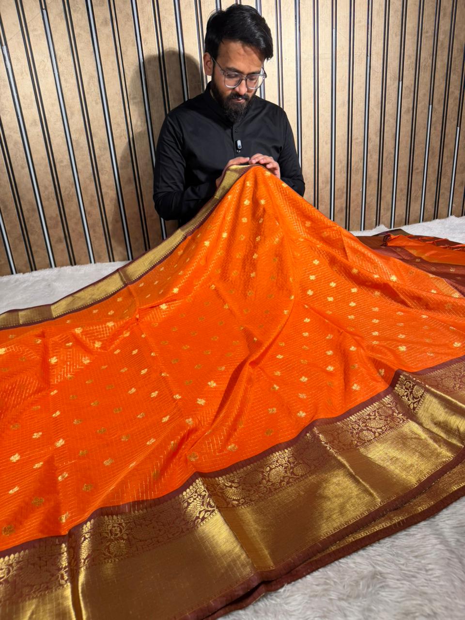 Bright Orange Kanchi Silk Maheshwari Checks Banarasi Saree