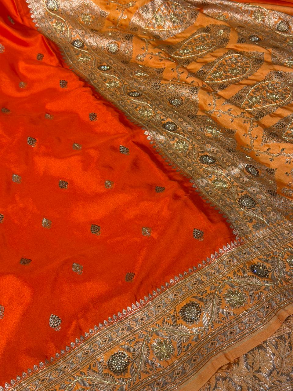 Bright Orange Mashru Katan Premium Handwork Saree