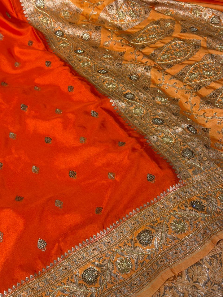 Bright Orange Mashru Katan Premium Handwork Saree