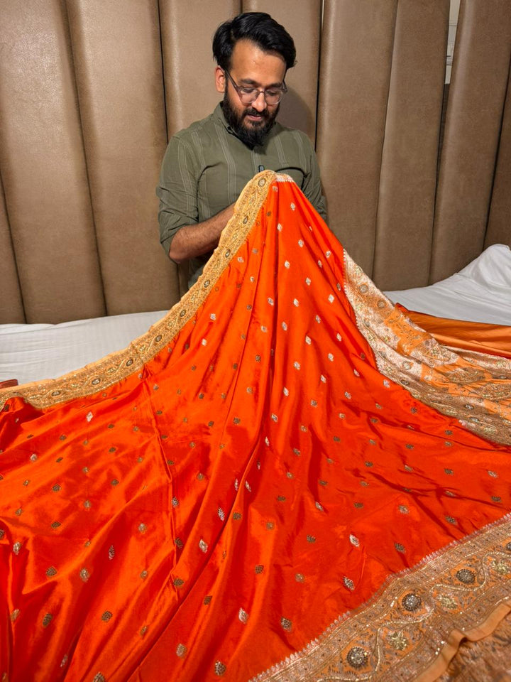 Bright Orange Mashru Katan Premium Handwork Saree
