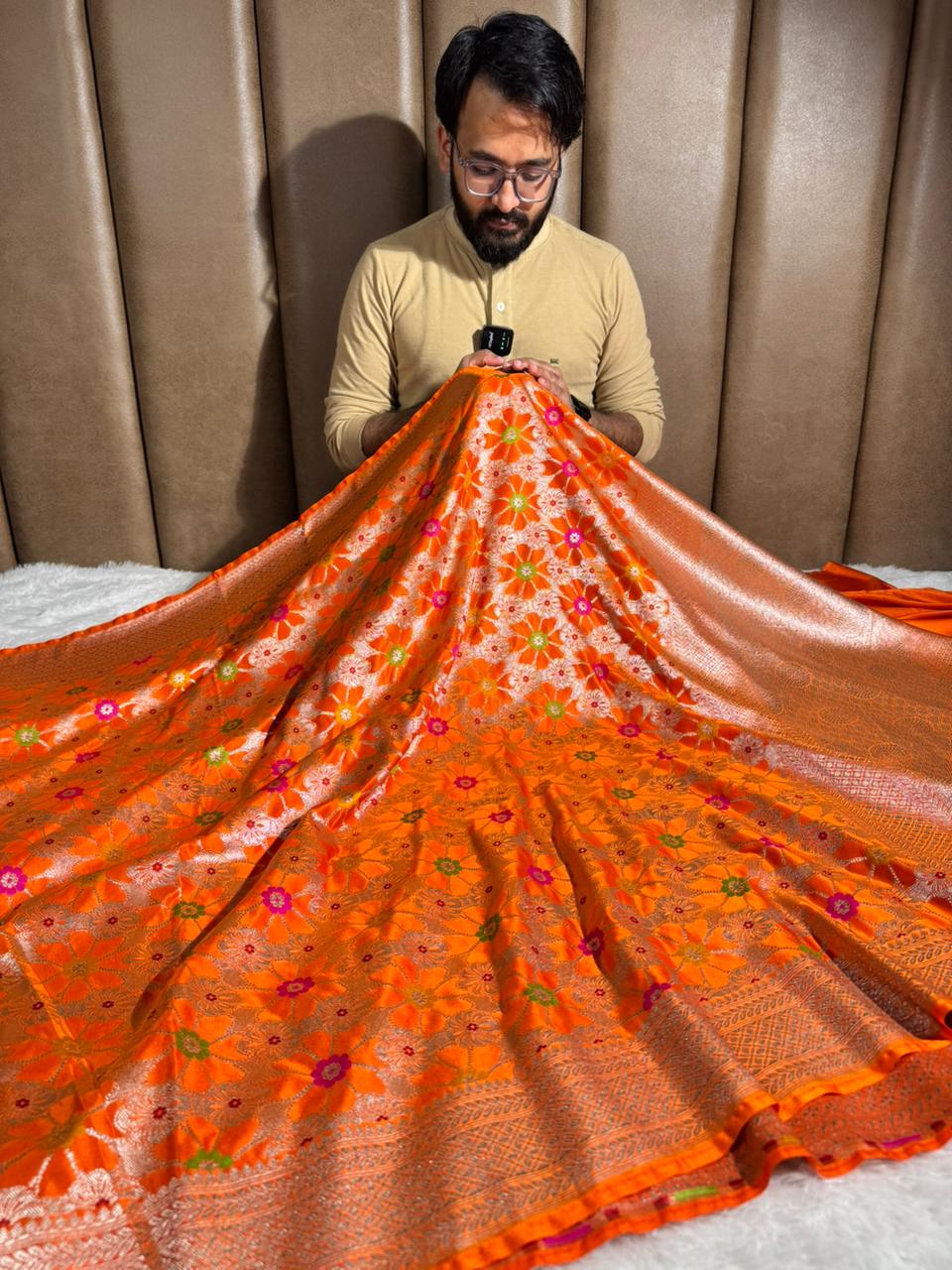 Bright Orange Mashru Katan Silk Meenakari Weave Banarasi Saree
