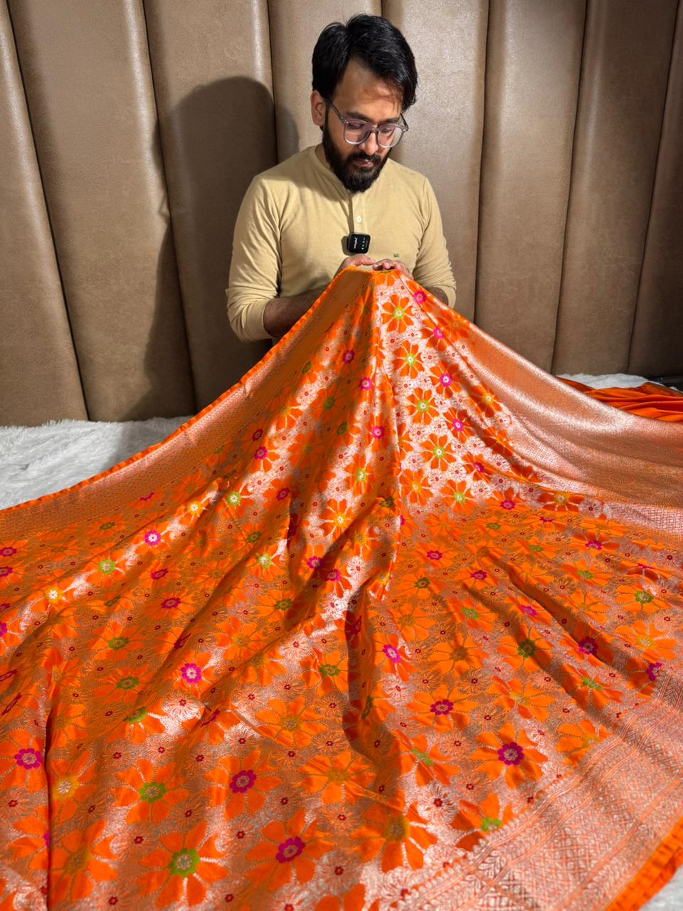 Bright Orange Mashru Katan Silk Meenakari Weave Banarasi Saree