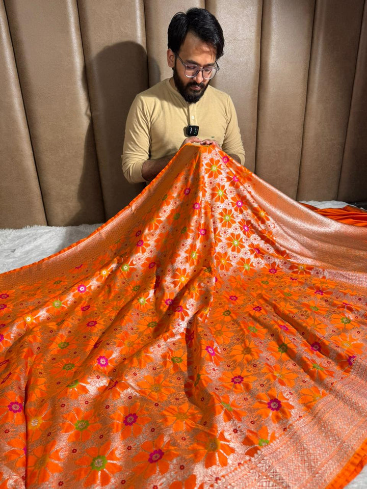 Bright Orange Mashru Katan Silk Meenakari Weave Banarasi Saree
