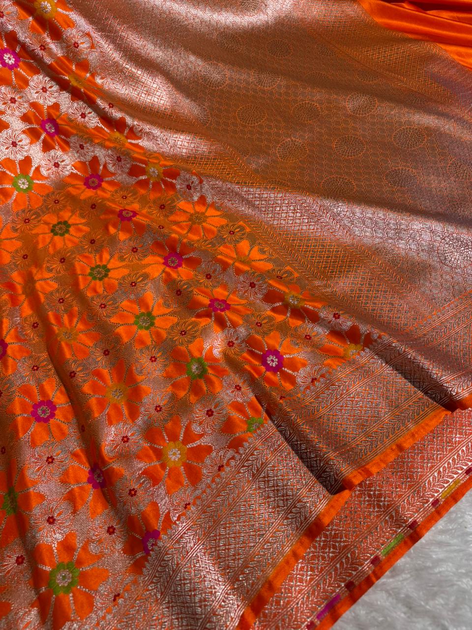 Bright Orange Mashru Katan Silk Meenakari Weave Banarasi Saree