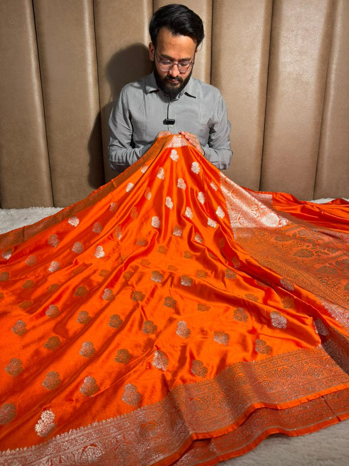 Bright Orange Mashru Katan Silk Traditional Buta Weave Banarasi Saree