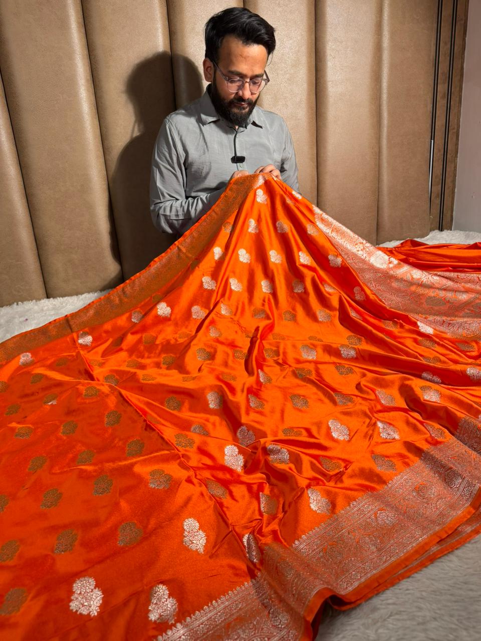 Bright Orange Mashru Katan Silk Traditional Buta Weave Banarasi Saree