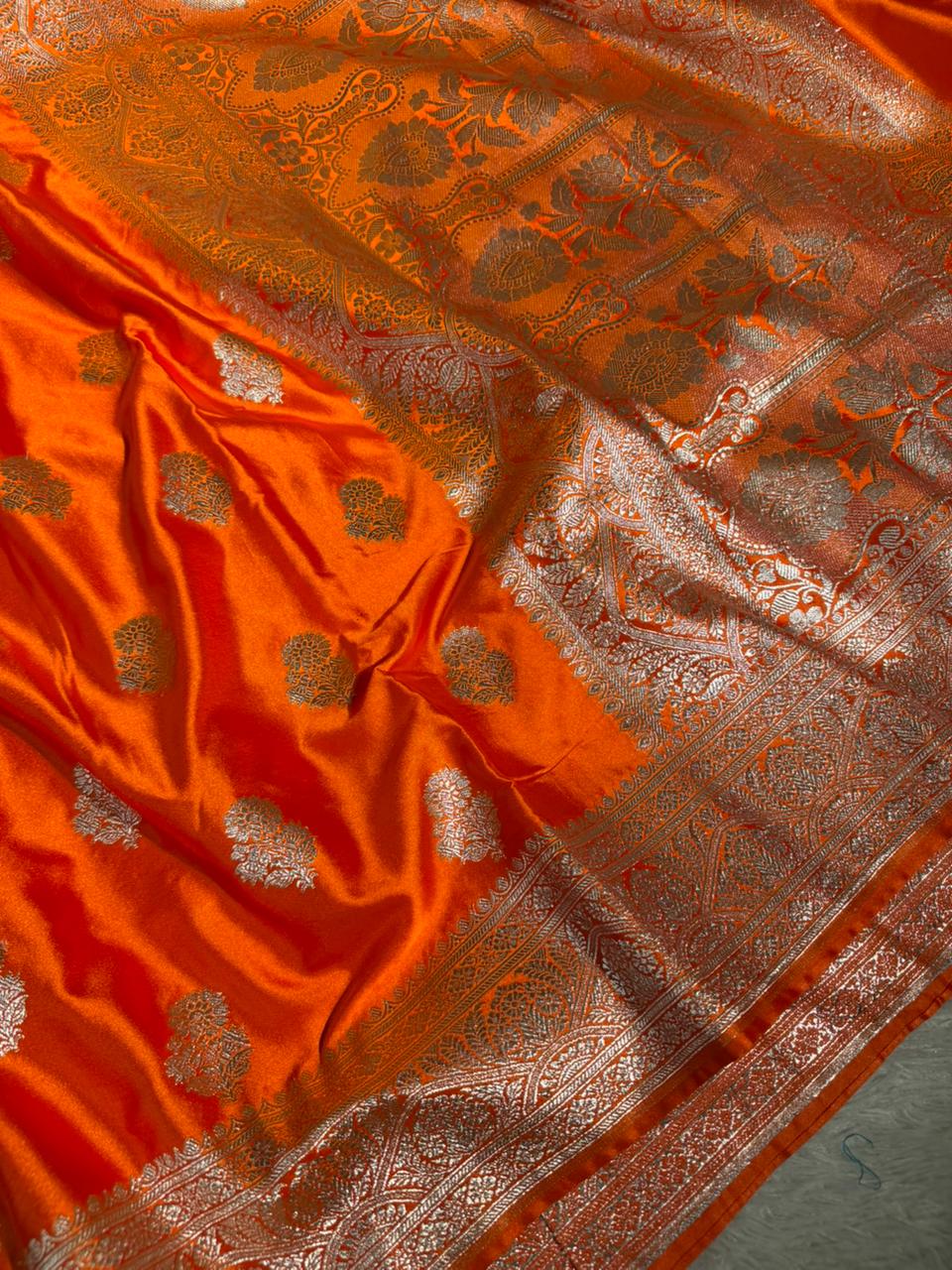 Bright Orange Mashru Katan Silk Traditional Buta Weave Banarasi Saree
