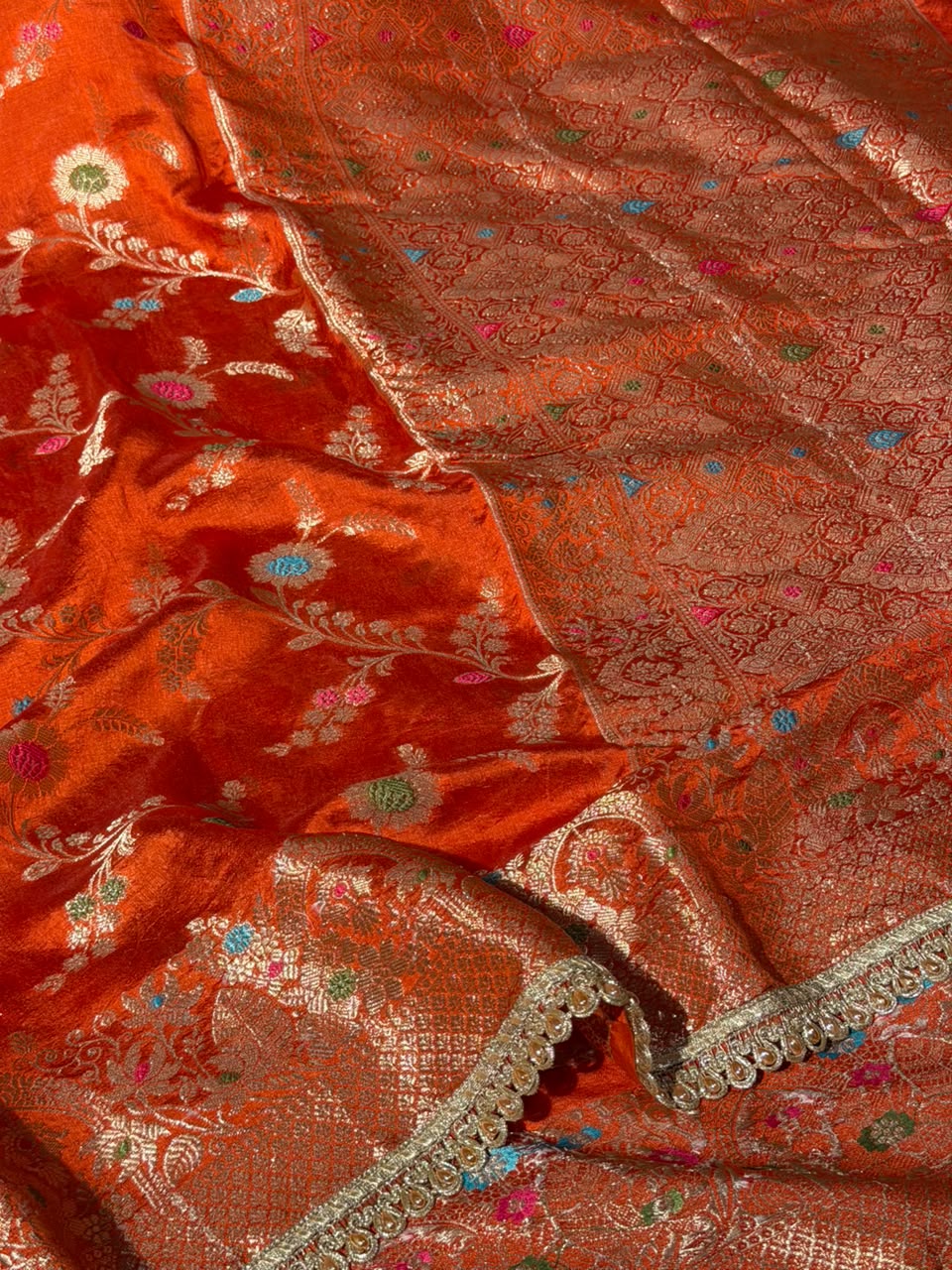 Bright Orange Premium Dipping Silk Lace Work Saree