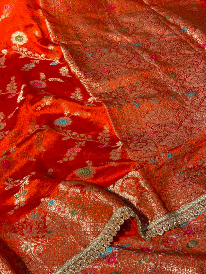 Bright Orange Premium Dipping Silk Lace Work Saree