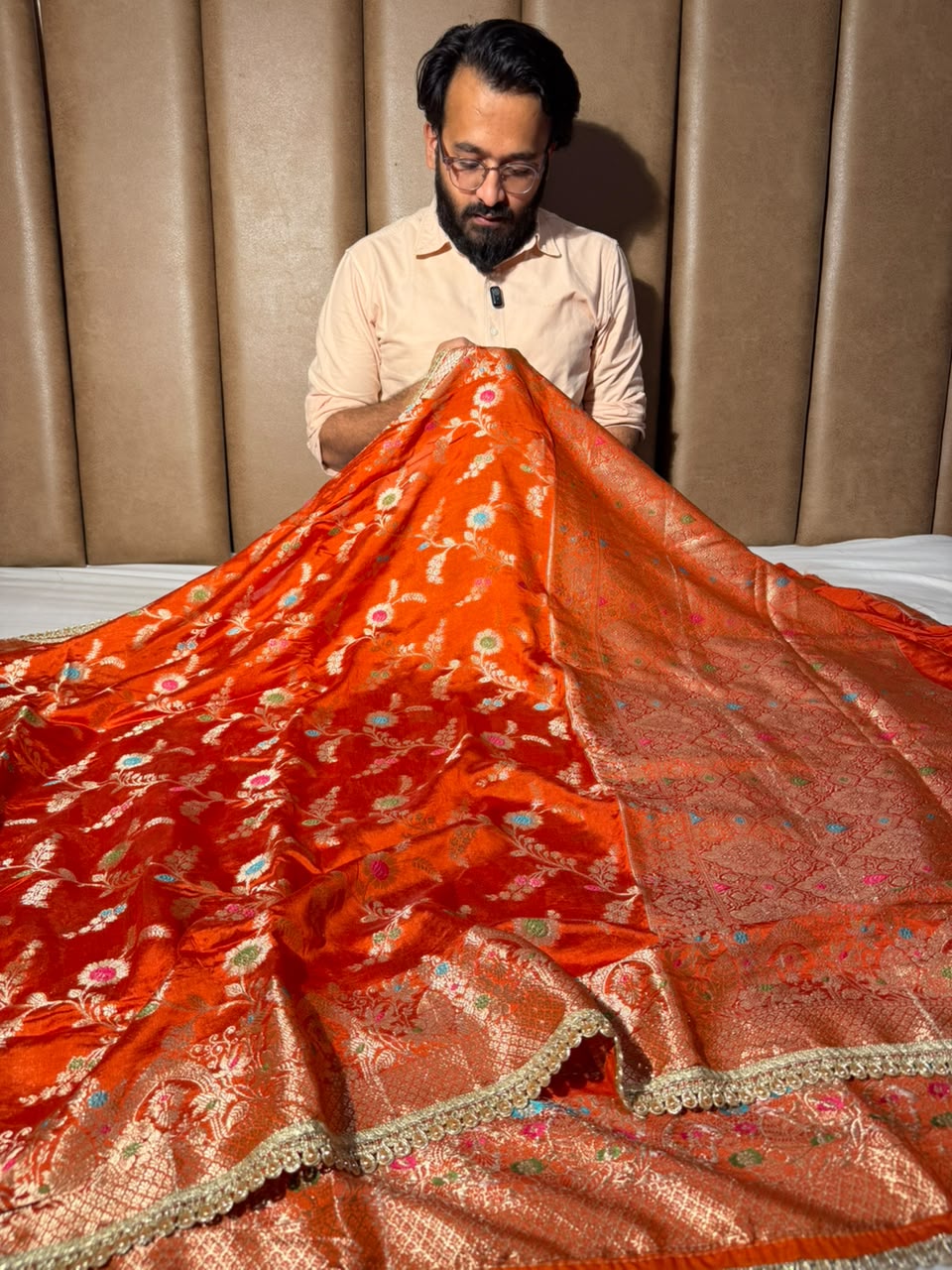 Bright Orange Premium Dipping Silk Lace Work Saree