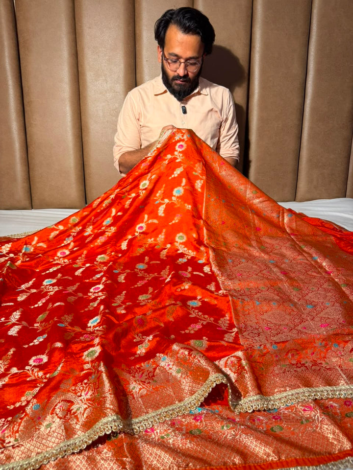 Bright Orange Premium Dipping Silk Lace Work Saree