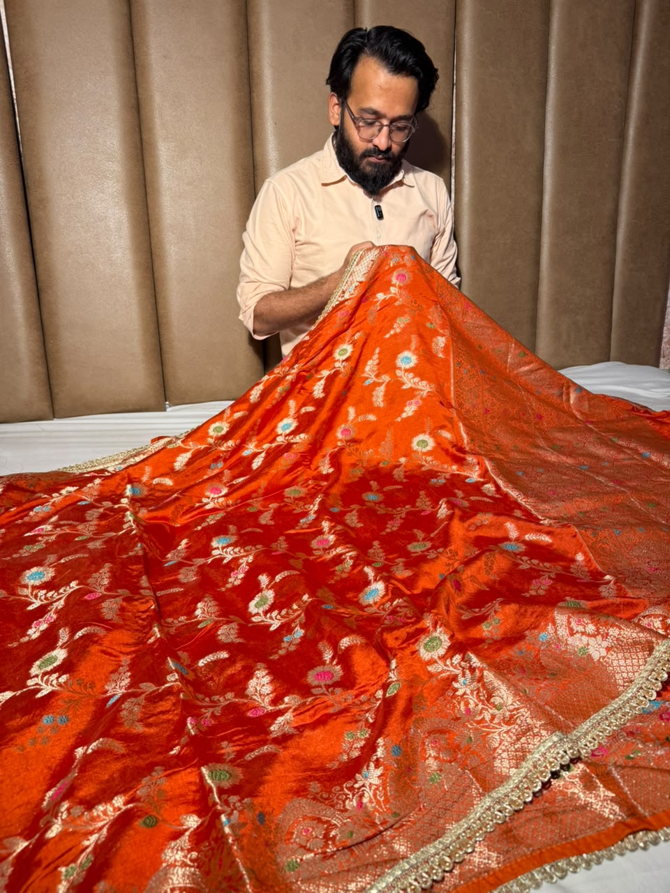 Bright Orange Premium Dipping Silk Lace Work Saree