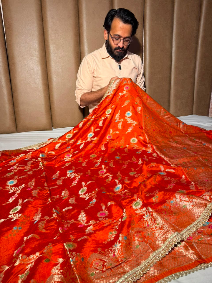 Bright Orange Premium Dipping Silk Lace Work Saree