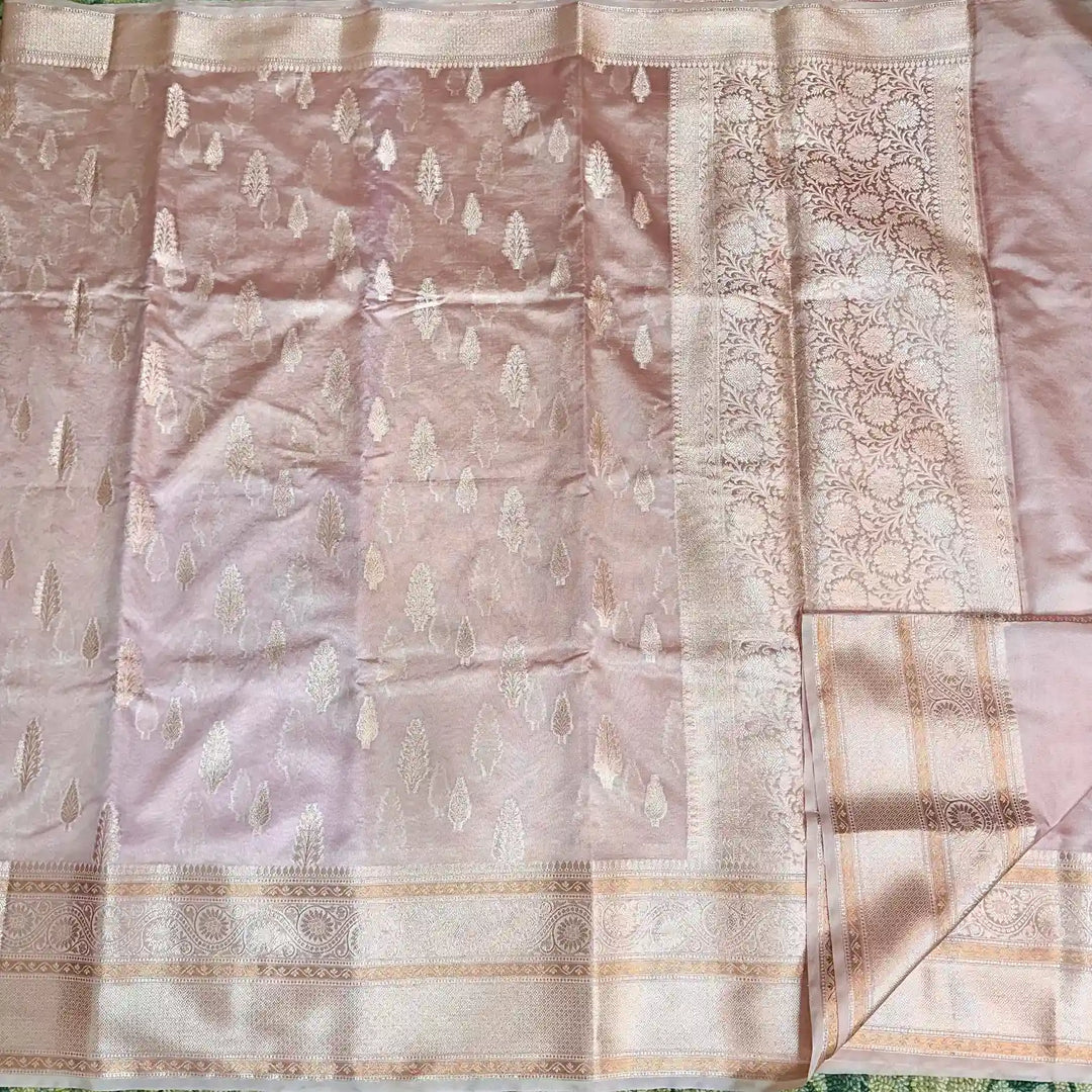 Bright Peach Chinia Silk Banarasi Saree