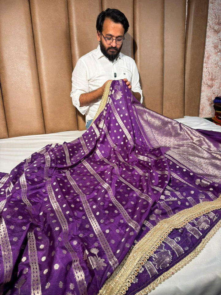 Bright Purple Chinia Silk Designer Banarasi Saree