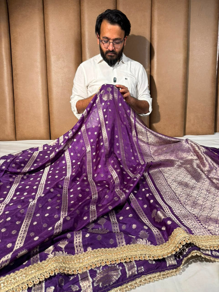 Bright Purple Chinia Silk Designer Banarasi Saree