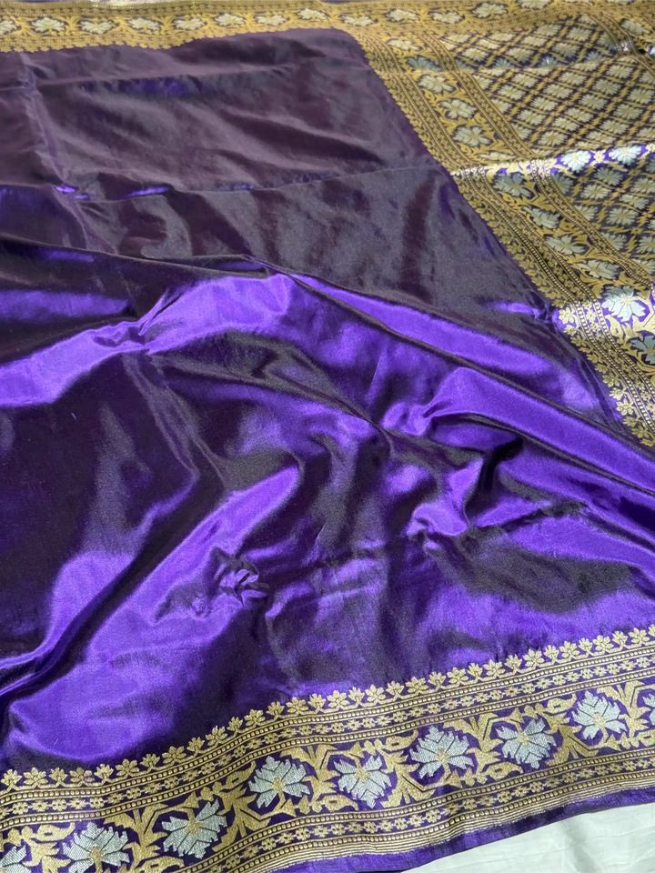 Bright Purple Pure Katan Silk Iktara Handwoven Banarasi Saree