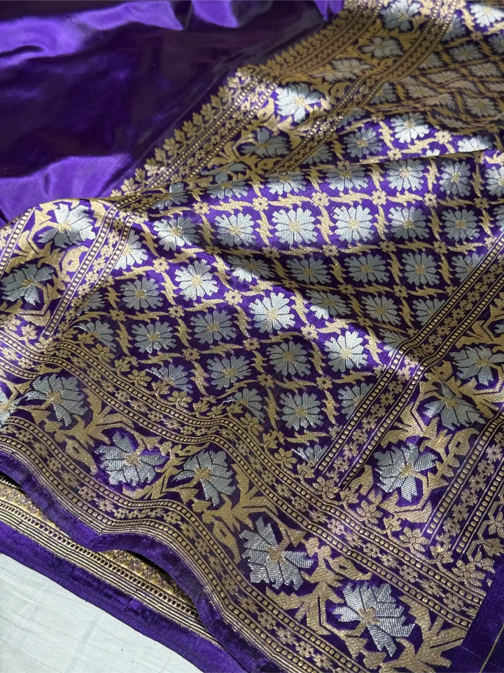 Bright Purple Pure Katan Silk Iktara Handwoven Banarasi Saree