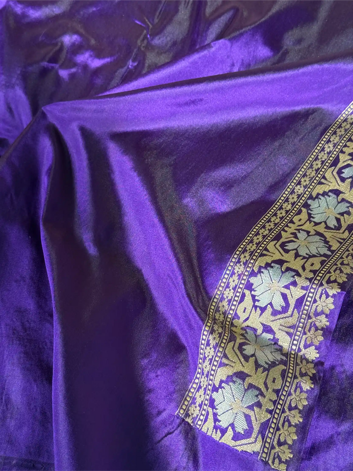 Bright Purple Pure Katan Silk Iktara Handwoven Banarasi Saree
