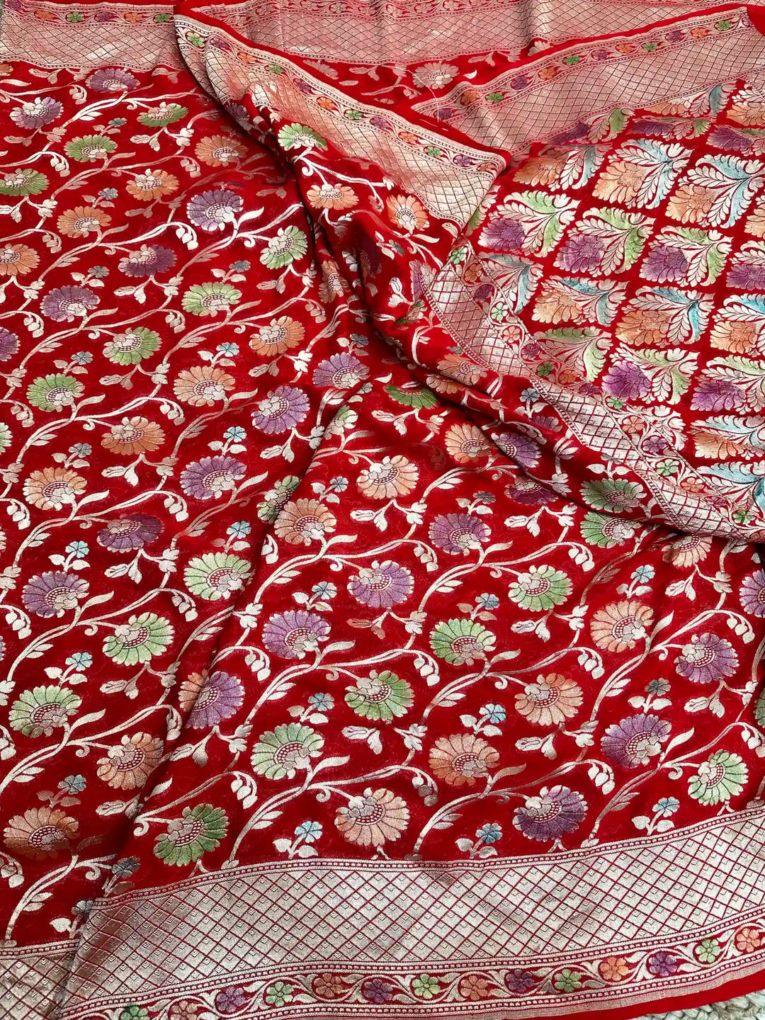Bright Red Floral Jaal Khaddi Georgette Banarasi Saree