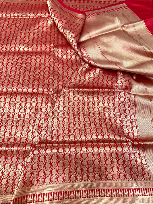 Bright Red Pure Katan Silk Banarasi Saree