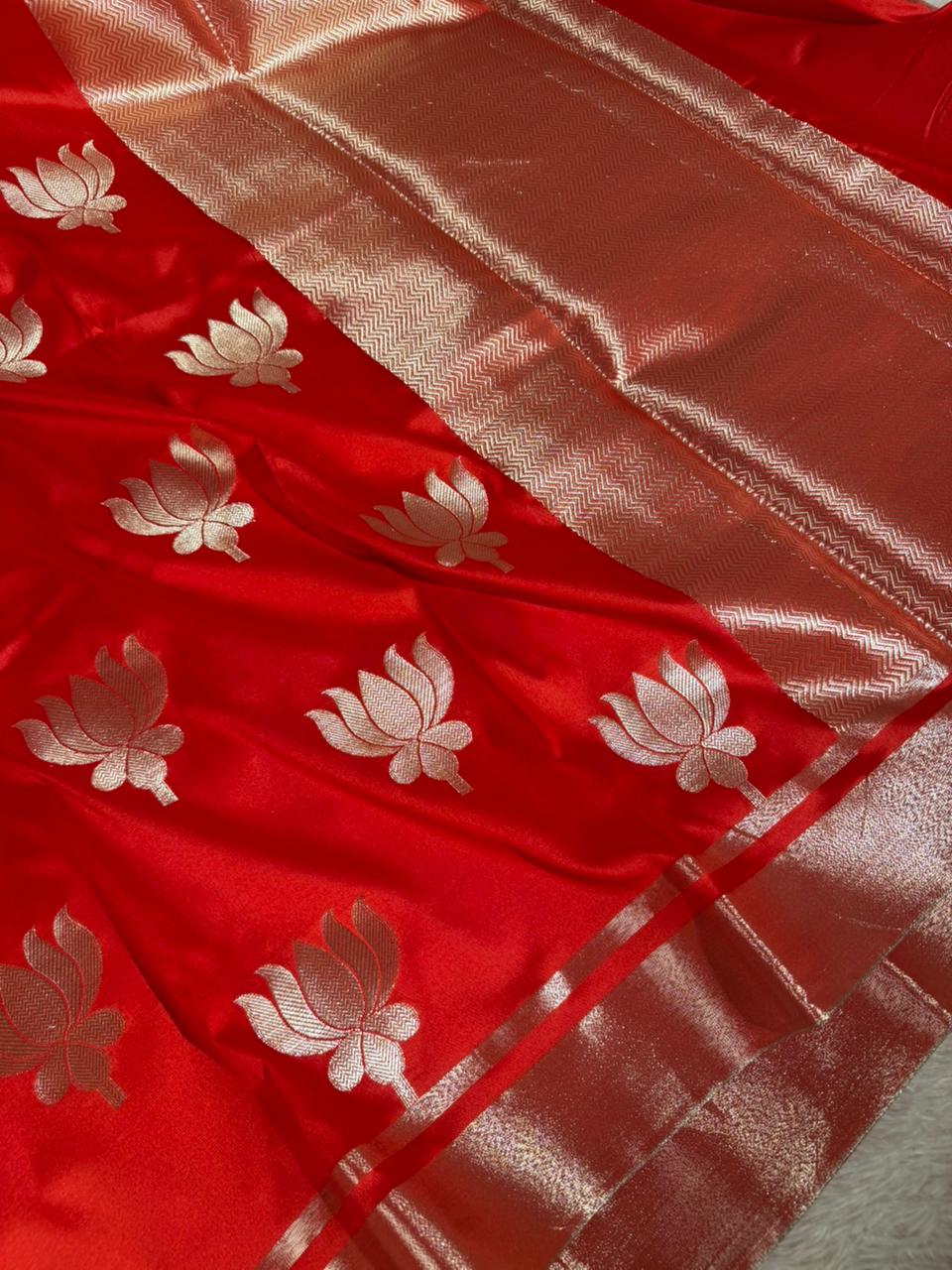 Bright Red Softsilk Lotus Floral Buta Banarasi Saree 