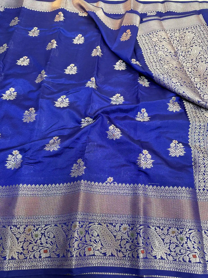 Bright Royal Blue Chinia Silk Banarasi Saree