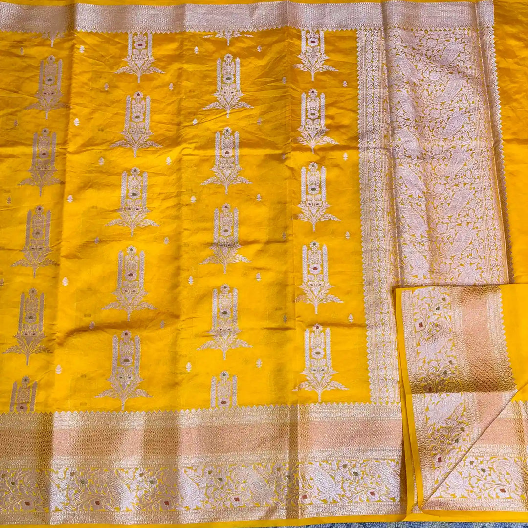 Bright Yellow Chinia Silk Banarasi Saree