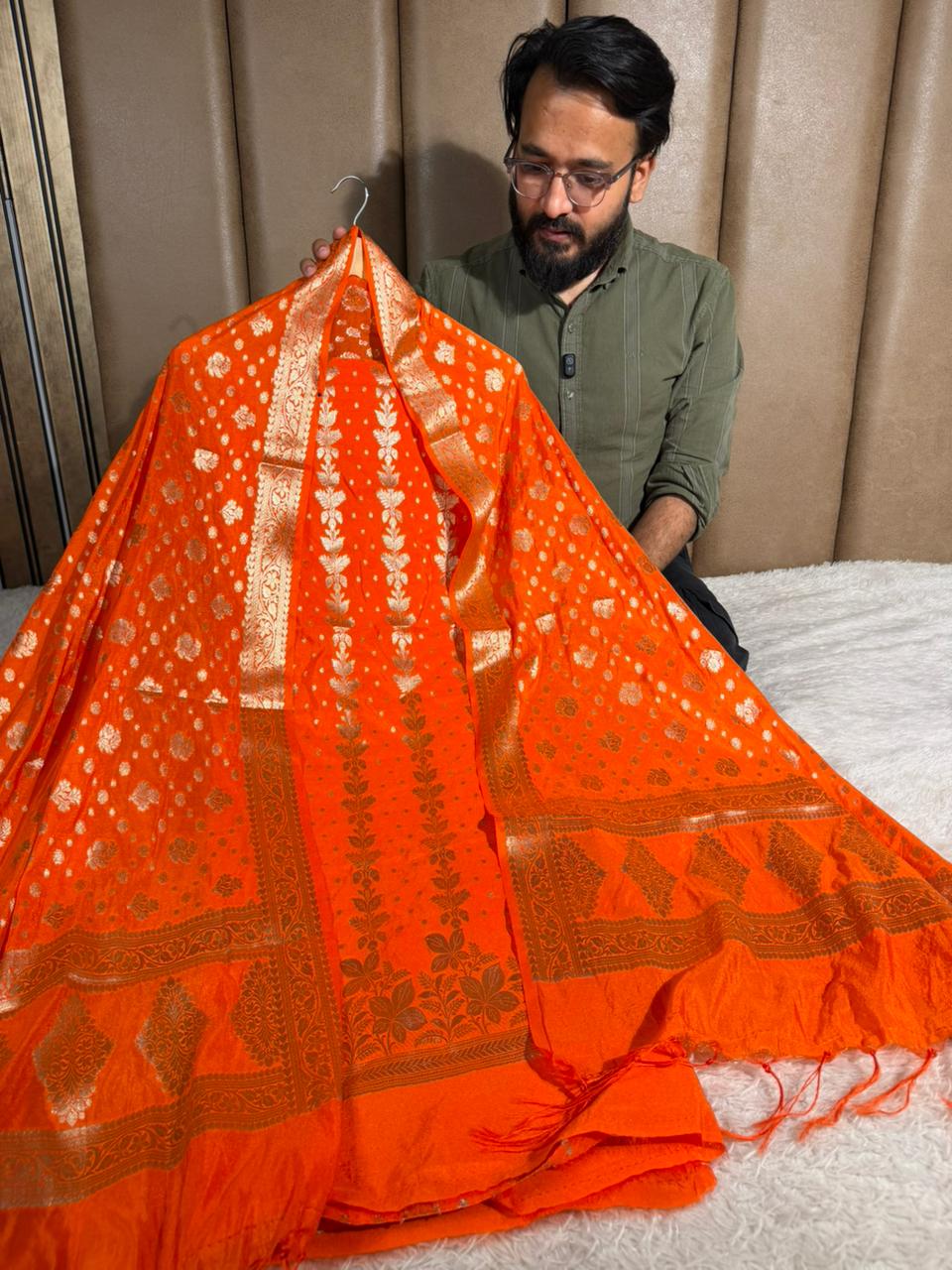 Bright oange chinia silk 3 pcs banarasi suit