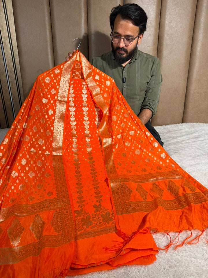 Bright oange chinia silk 3 pcs banarasi suit